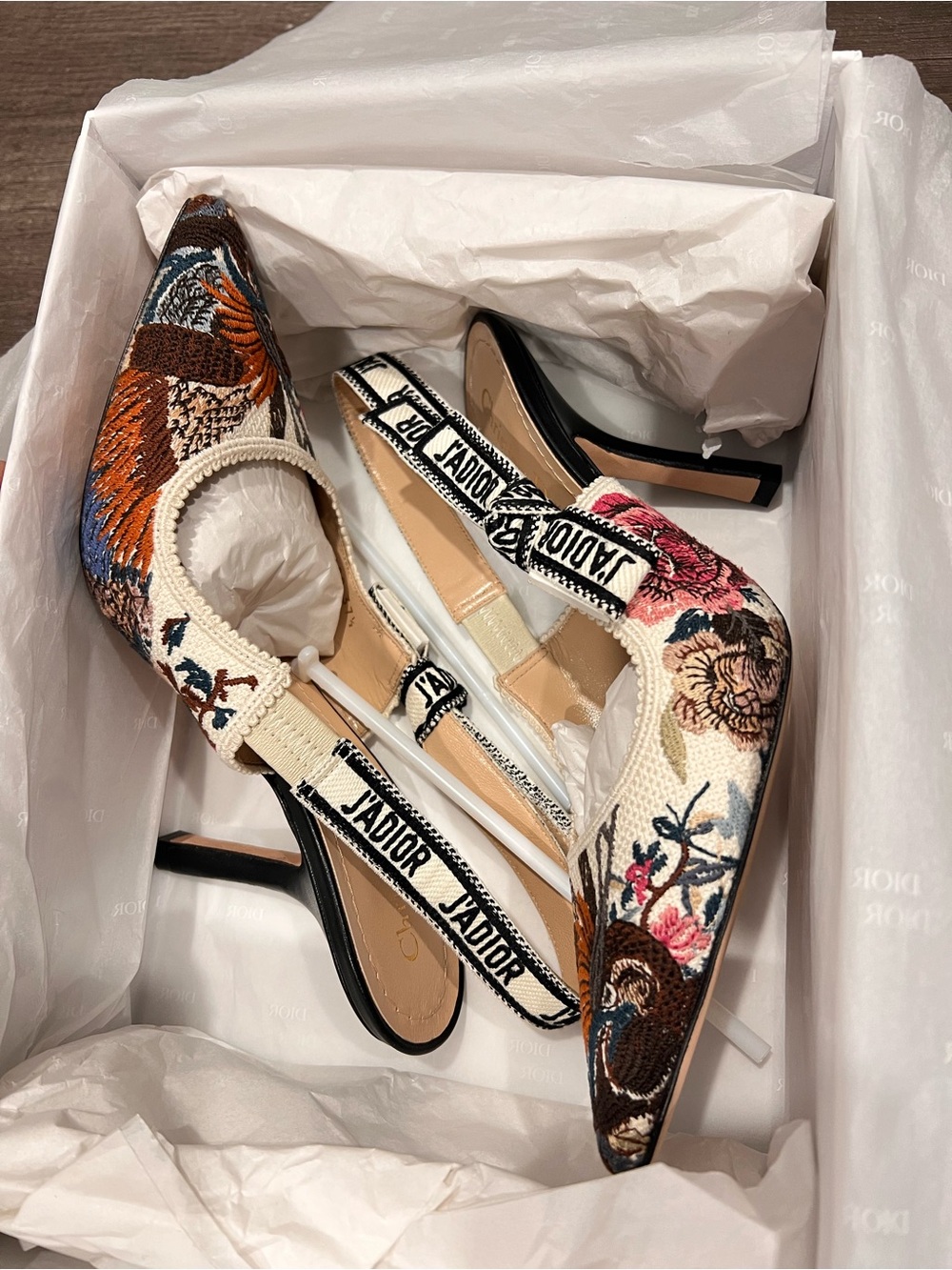 Dior J'Adior Embroidered Slingback Pumps in Cream, Pink, Blue & Brown
